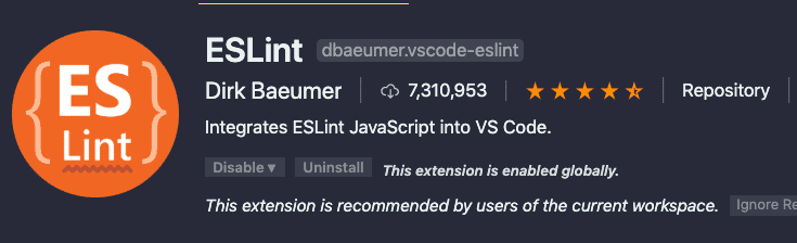 ESLint extension in the visual studio code store